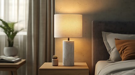 A marble table lamp with a smooth gray base and a matte white shade, glowing softly in a minimalist bedroom with neutral linens and sleek wooden furniture, hd clarity, ultra-detailed lighting effects.