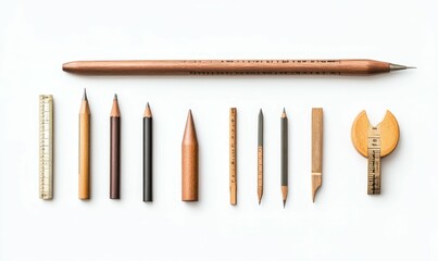 Wooden pencils, rulers, and drawing tools arranged neatly.
