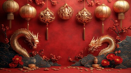 Obraz premium Chinese New Year greeting card with a red and gold color scheme as the primary palette. The design features intricate patterns of dragons or plum blossoms,