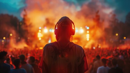 a stunning scene of a person wearing a custom t-shirt, with a creative design and a beautiful festival background