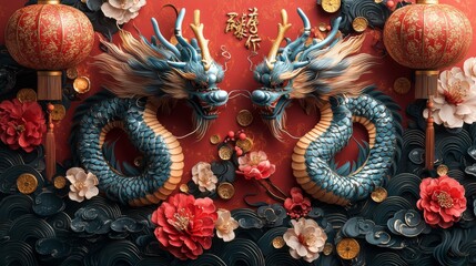 Obraz premium Chinese New Year greeting card with a red and gold color scheme as the primary palette. The design features intricate patterns of dragons or plum blossoms,