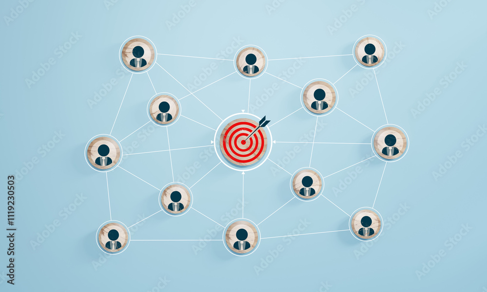 Wall mural red dartboard and red arrow connection linkage with human icon for customer focus target group and c