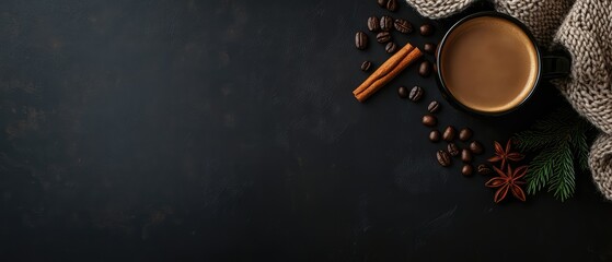 Coffee, Cinnamon Sticks, Coffee Beans, and Spruce Branches on a Black Background.