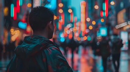 Obraz premium Man standing in vibrant city at night.