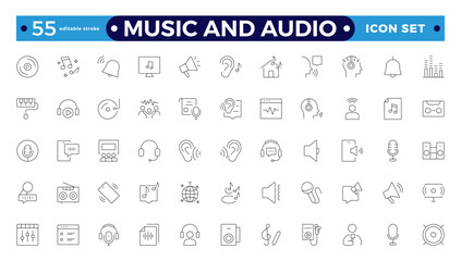 Music and Audio Outline icons set. Media, camera movie, voice, radio, music streaming, photography, headphones, cinema, podcast, broadcasting, content Editable stroke outline icon.