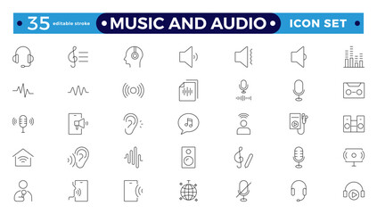 Music and Audio Outline icons set. Media, camera movie, voice, radio, music streaming, photography, headphones, cinema, podcast, broadcasting, content Editable stroke outline icon.