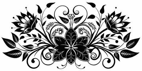 ornamental floral design, black and white illustration, swirling patterns, elegant curves, abstract flowers, vintage style, minimalist artwork
