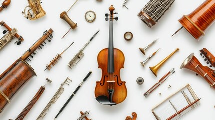 Naklejka premium Musical instruments arranged aesthetically on white.