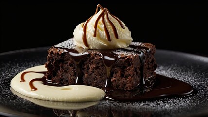 A mouthwatering chocolate brownie in close up macro with vanilla ice cream, dark chocolate sauce, and a black background.