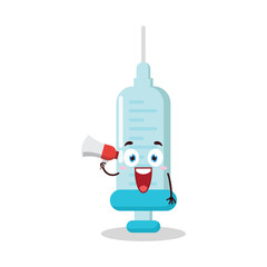 cute happy expression of syringe cartoon character carry megaphone