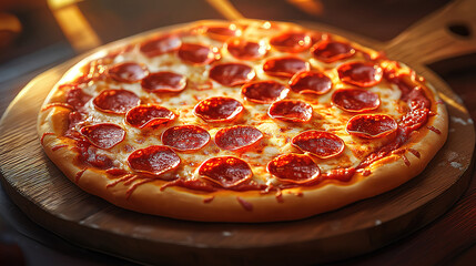 Close-up of a delicious Pepperoni Pizza on a Wooden Board. A close-up shot of a Pepperoni Pizza,...