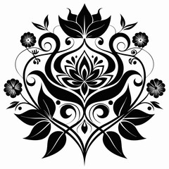 abstract floral design, black and white, symmetrical pattern, stylized flowers, elegant swirls, graphic elements, artistic motif, minimalist décor, botanical theme, modern illustration