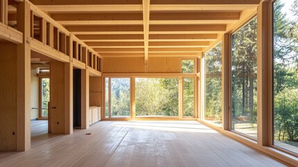 Inside a new wooden house construction, showcasing the unfinished walls, timber framework, and an open layout