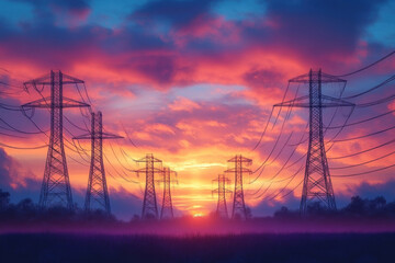 Electricity pylons at sunset.