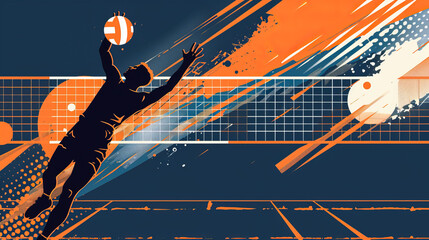 A sports poster banner featuring a volleyball. The abstract background with colorful patterns enhances the dynamic design.