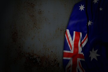 beautiful dark photo of Australia flag with big folds on rusty metal with free space for your content - any occasion flag 3d illustration..