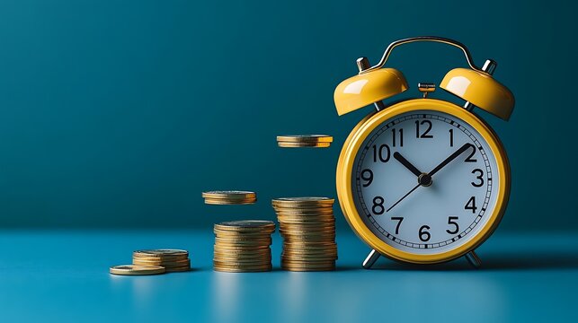 A minimalist clock with floating coins symbolizing passive income growth