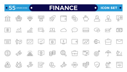 Finance outline icon set with money, bank, check, law, auction, exchange, payment, wallet, deposit, piggy, calculator,Business, Profit, Investment, Bank,  web icon. Editable stroke outline icon.
