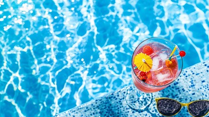 Refreshing summer cocktail by the pool, garnished with berries and a tiny umbrella, sunglasses nearby. Generative ai