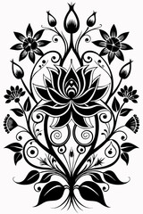 abstract floral design, black and white, symmetrical pattern, stylized flowers, elegant swirls, graphic elements, artistic motif, minimalist d&eacute;cor, botanical theme, modern illustration