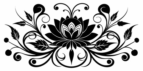 ornamental floral design, black and white illustration, swirling patterns, elegant curves, abstract flowers, vintage style, minimalist artwork
