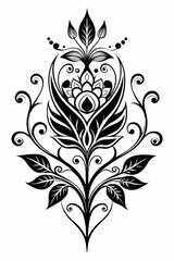 ornamental floral design, black and white illustration, swirling patterns, elegant curves, abstract flowers, vintage style, minimalist artwork
