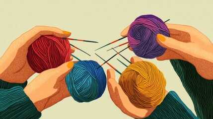 Hands holding colorful yarn balls and knitting needles, showcasing a crafting activity.