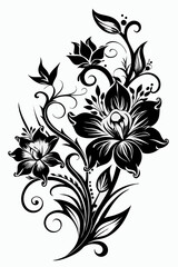 abstract floral design, black and white, symmetrical pattern, stylized flowers, elegant swirls, graphic elements, artistic motif, minimalist décor, botanical theme, modern illustration
