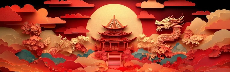 abstract background made from paper cut. paper layer shape are Chinese dragon, Chinese temple in Chinese new year concept high detail.