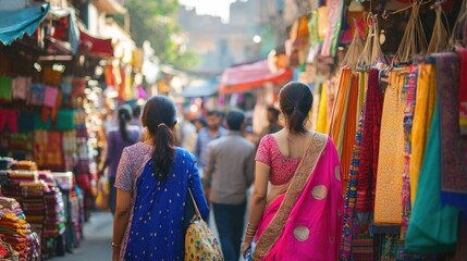 Obraz premium Indian consumers shopping in a vibrant market, exploring traditional and modern goods