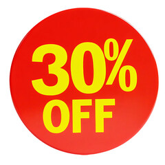 Bright Red 30% Off Discount Sale Sign - Yellow Bold Text on Circular Background for Promotions and Marketing