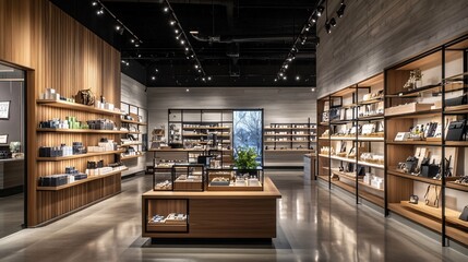 Modern retail store interior with wooden shelves displaying various products.