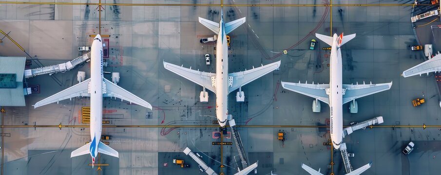 Aerial view of airplanes parked at airport terminal gate.
