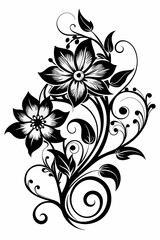 ornamental floral design, black and white illustration, swirling patterns, elegant curves, abstract flowers, vintage style, minimalist artwork
