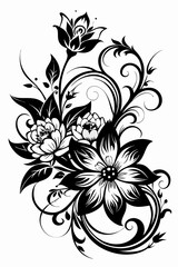 abstract floral design, black and white, symmetrical pattern, stylized flowers, elegant swirls, graphic elements, artistic motif, minimalist décor, botanical theme, modern illustration