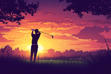 A golfer swings at sunset, capturing a serene moment on the course.