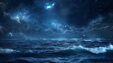 Fototapeta premium Starry Night Sky Over Deep Blue Ocean with Milky Way Galaxy Reflection, Serene and Awe-inspiring Scene