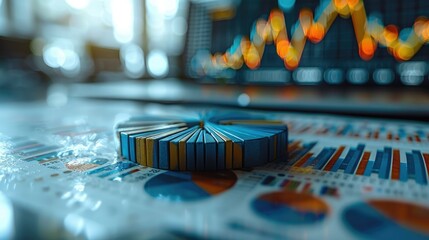 Close-up of a 3D pie chart on financial reports with a blurred stock market graph in the background.