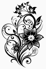 abstract floral design, black and white, symmetrical pattern, stylized flowers, elegant swirls, graphic elements, artistic motif, minimalist d&eacute;cor, botanical theme, modern illustration