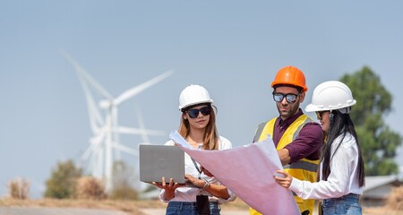 engineer team inspection check control wind power machine construction installation in wind energy...