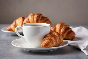 there are two cups of coffee and croissants on a table
