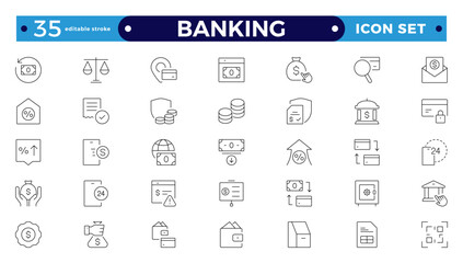 Banking icon set with money, bank, check, law, auction, exchange, payment, wallet, deposit, piggy, calculator, web icon. Containing policy, needs, community. Editable stroke outline icon.