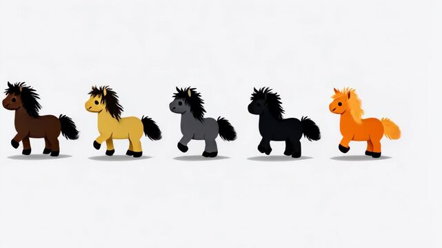 Colorful cartoon ponies marching in a row with unique patterns and bright features