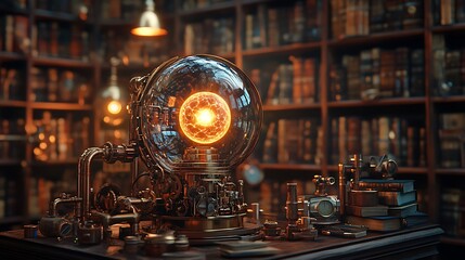 A small steampunk lamp with a glowing plasma ball surrounded by brass gears and copper pipes, resting on a table in an atmospheric library with towering bookshelves, cinematic lighting,