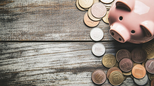 Broken piggy bank with coins scattered around, symbolizing financial struggle and the need for careful budgeting and saving.