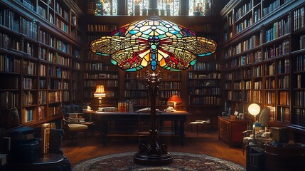 Obraz premium A stained glass floor lamp with an intricate dragonfly design, glowing warmly in an elegant library filled with mahogany shelves and antique books, cinematic lighting, ultra-detailed textures.