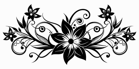 abstract floral design, black and white, symmetrical pattern, stylized flowers, elegant swirls, graphic elements, artistic motif, minimalist décor, botanical theme, modern illustration