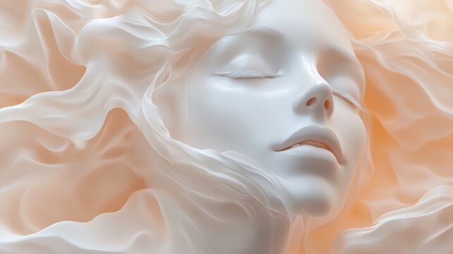 Serene Sculpted Face: A close-up of a serene, sculpted female face, seemingly made of marble or porcelain,  rests amidst soft, flowing fabric, evoking a sense of tranquility and ethereal beauty.