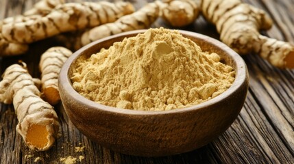 Fototapeta premium Turmeric roots and powder in wooden bowl on textured surface with scattered roots in natural light