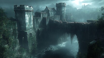 Ruined castle bridge over dark river, overgrown with vegetation, moody atmosphere.